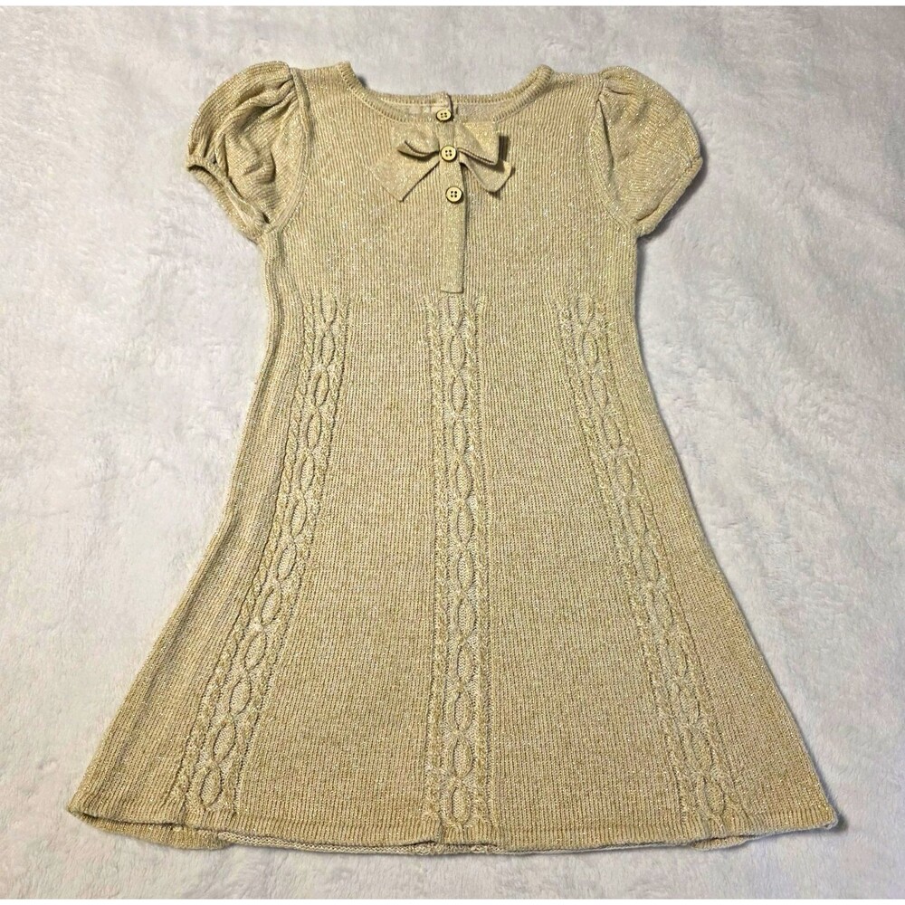 Gymboree Girls 4T Beige/Gold Knit A-Line Knee Dress Puff Sleeve Bow Christmas